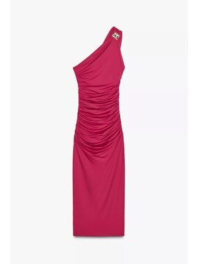Zara One-Shoulder Ruched Magenta Dress with Gold Buckle